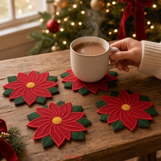 Set of 6 Round Christmas Coasters with Red Floral and Green leaf Pattern, 13 cm